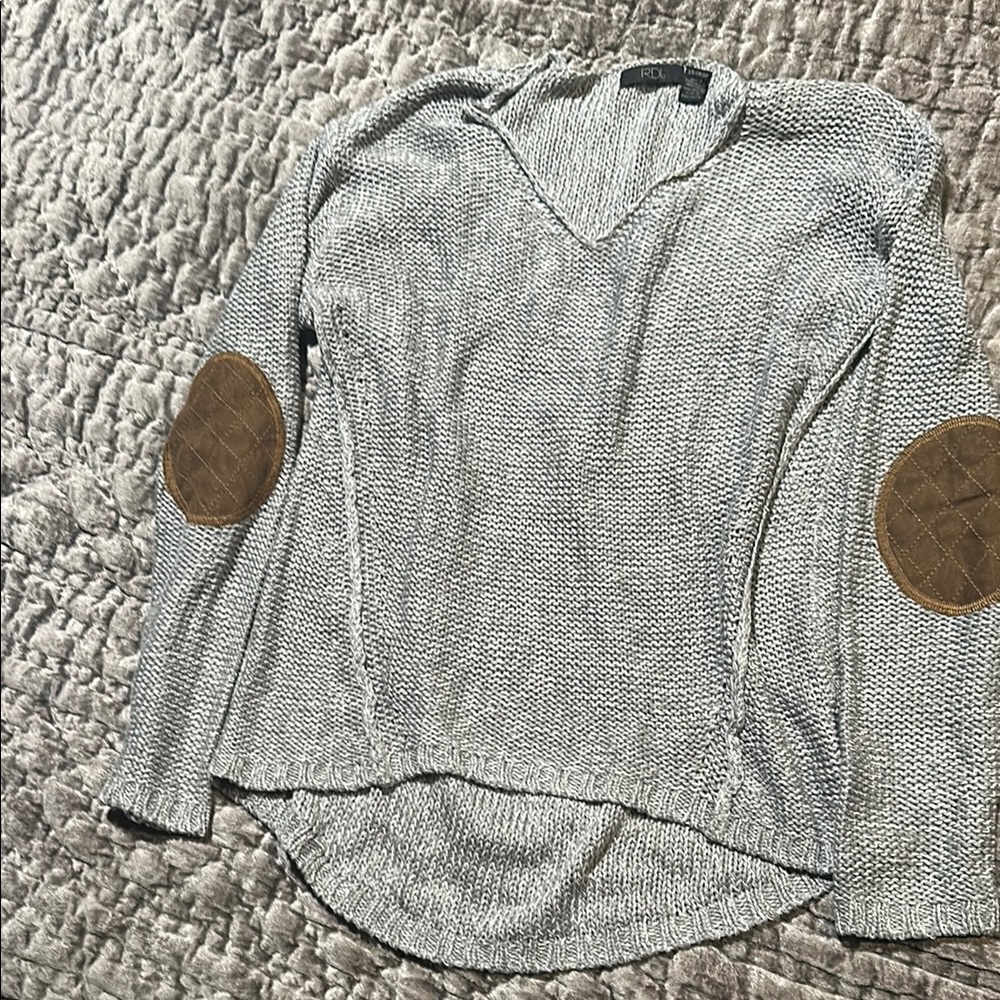 Gray Sweater with Brown Elbow Patches